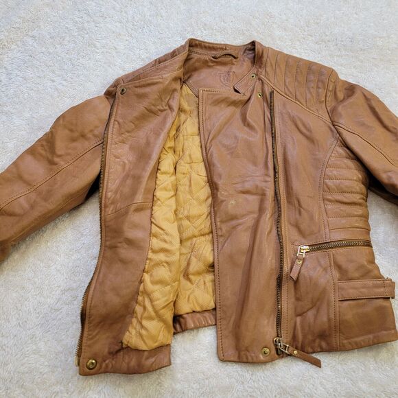 Massimo Dutti Leather Zip Moto Biker Fitted Jacket Tan Brown Women's Size M 4701 - Picture 8 of 16